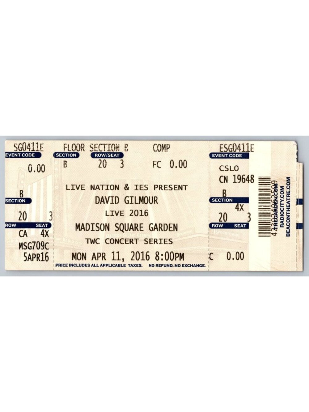 David Gilmour Live 2016 Concert Ticket Madison Square Garden